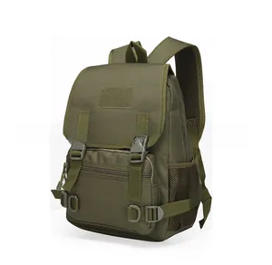 Close-up of military green tactical backpack featuring durable buckles and velcro panels