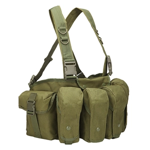 Tactical chest rig in olive green with four front pouches and adjustable shoulder straps