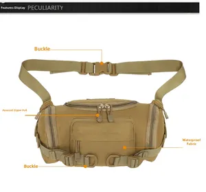 Tactical waist bag detail showing waterproof fabric, silent zippers, and durable buckles