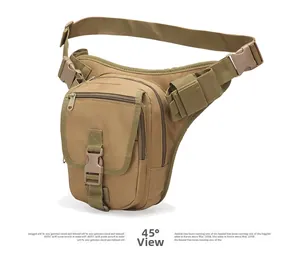 Tactical leg bag in khaki nylon with adjustable straps and multi-compartment 45-degree view