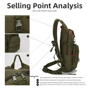 Tactical backpack details: durable buckle, helmet storage, reinforced handle and high-density zip