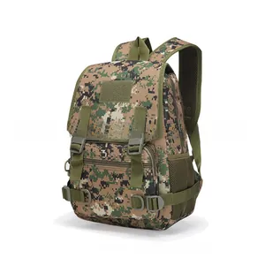 Detail view of tactical outdoor backpack in jungle digital camouflage with velcro straps