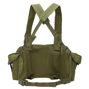 Army green tactical chest rig made of durable nylon with adjustable shoulder straps and buckles