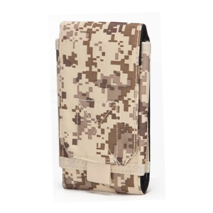 Detail of outdoor MOLLE phone pouch in durable desert digital camouflage nylon fabric