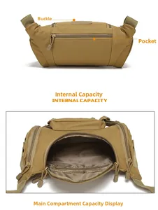 Detail view of khaki tactical waist bag featuring internal capacity and durable buckles