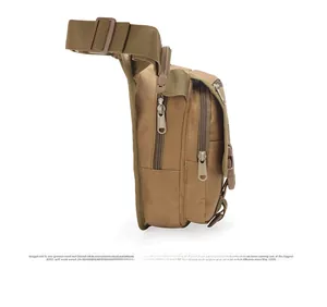 Side view of multi-compartment tactical waist bag with adjustable straps and buckles