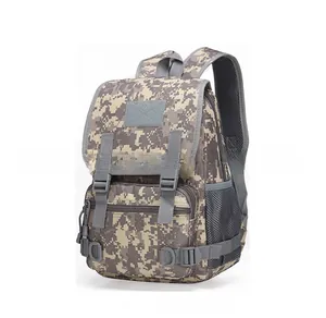 Close-up of tactical ACU digital camouflage backpack with adjustable straps and front zip pocket