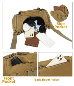 Detailed view of khaki tactical waist bag compartments showing front and back pockets