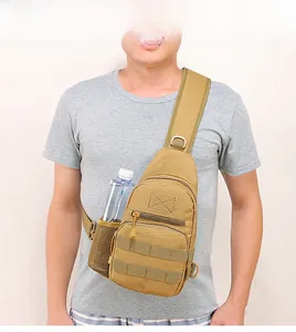 Tactical chest bag with side water bottle mesh pocket and MOLLE system in khaki color