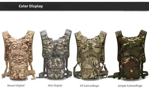 Tactical cycling backpack detail showing desert, ACU, CP, and woodland camouflage patterns