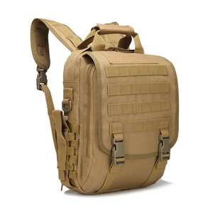 Tactical coyote brown Molle backpack and shoulder bag for outdoor use from 45-degree angle