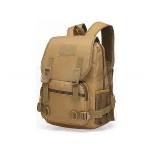 Detailed side view of khaki tactical backpack featuring durable mesh side pocket and buckle