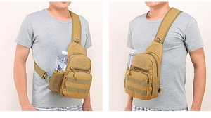 Detail of khaki tactical chest bag with MOLLE webbing and side water bottle mesh pocket