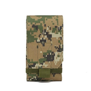 Close-up of tactical digital camo waist bag with durable nylon and elastic loops