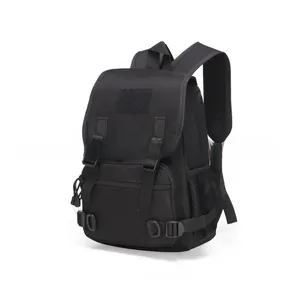 Tactical black backpack detail featuring adjustable buckle straps and velcro panel