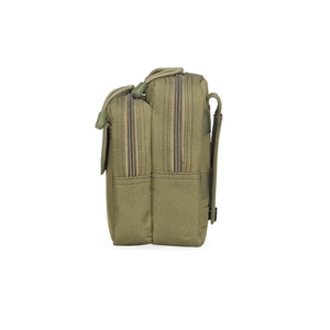 Army green tactical waist bag with MOLLE system and dual zipper main compartments