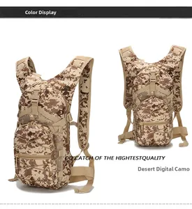 Detail of desert digital camouflage tactical backpacks with zippers and elastic cords