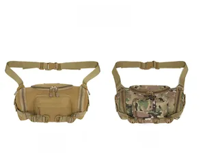 Detail view of tactical waist packs in tan and multicam camouflage with nylon texture