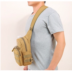 Tactical khaki shoulder bag with MOLLE system and side water bottle holder