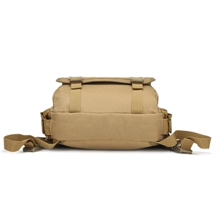 Tactical khaki waterproof canvas sling bag with adjustable nylon straps and buckle closures