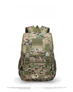 Front view of tactical digital camouflage backpack with adjustable buckles and velcro area