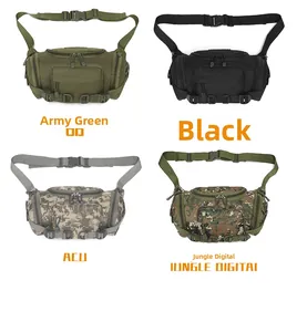 Detail view showing four tactical waist bags in black, olive, ACU, and jungle digital camo