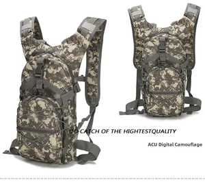Detail view of 45L tactical backpack featuring ACU digital camouflage and MOLLE webbing