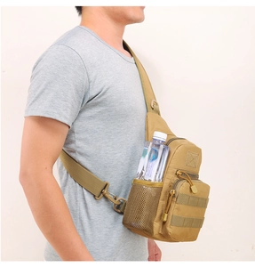 Detail of tactical chest bag showing side mesh pocket with water bottle on high-density canvas