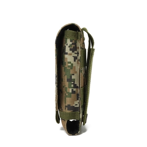 Detailed side view of camouflage MOLLE tactical pouch with elastic side straps and metal snap