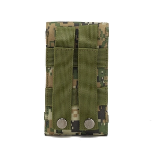 Rear view of tactical MOLLE camouflage pouch with durable nylon webbing and metal snaps