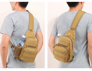 Tactical khaki chest bag with MOLLE system and mesh side pocket for outdoor water bottles
