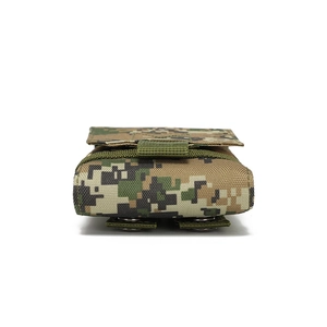 Detail view of digital camo tactical pouch with MOLLE straps and metal snap fasteners