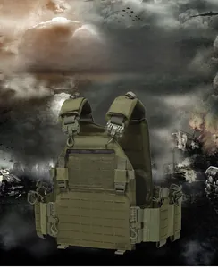 Detailed close-up of green tactical vest with MOLLE system and quick release buckles
