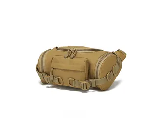 Side view of khaki tactical waist bag with multi-pocket design and D-ring straps