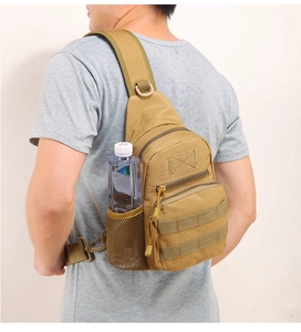Detail view of khaki tactical sling bag showing MOLLE webbing and side water bottle mesh pocket