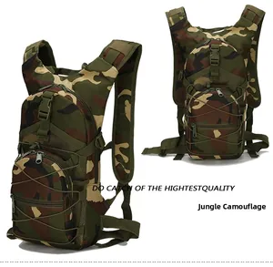 Close-up of the tactical backpack showing woodland camouflage pattern and nylon texture