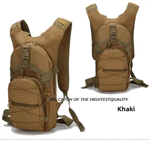 Detail view of khaki tactical backpack featuring MOLLE webbing and elastic cord system