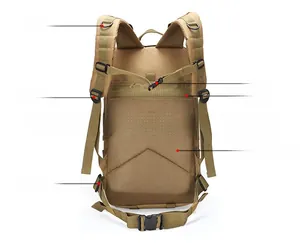 Breathable mesh padding and adjustable straps on khaki tactical backpack for comfort