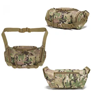Multi-angle view of tactical camouflage waist bag with high-density nylon and waterproof zippers