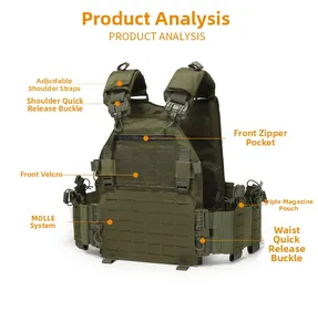 Close-up of laser-cut MOLLE system and quick-release buckles on green tactical vest