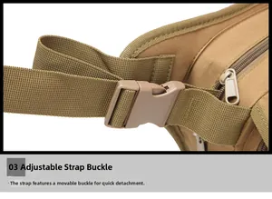Close-up of tactical bag quick-release buckle and adjustable strap in khaki canvas