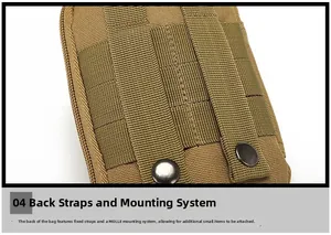 Détail de la pochette tactique kaki avec sangles MOLLE renforcées et boutons-pression en métal