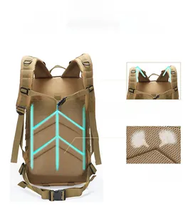 Detail of tactical backpack ergonomic S-shaped shoulder straps and breathable mesh back panel