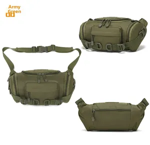 Three views showing army green tactical waist bag details with adjustable buckle strap