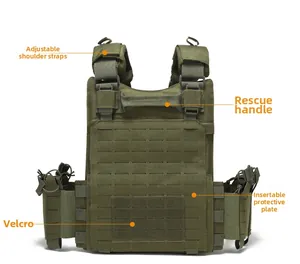 Detail of army green tactical vest showing MOLLE webbing and velcro panels on nylon fabric