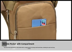 Detail view of khaki tactical bag showing front zipper pocket and internal storage compartment