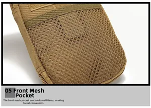 Détail macro d'une pochette tactique kaki avec poche filet avant et texture en nylon