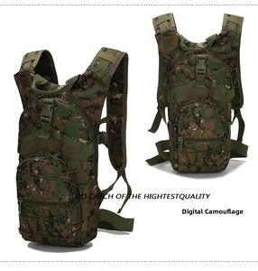 Detail of 45L tactical backpack in jungle digital camo with adjustable Molle straps