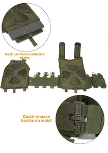 Detail of military green tactical vest with quick-release buckle and back plate pocket