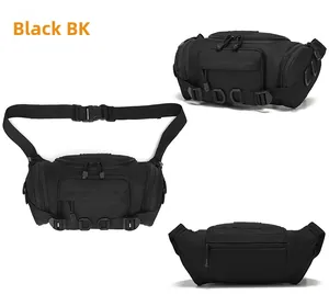 Detail view of black tactical waist bag with multi-pocket design and adjustable buckle strap
